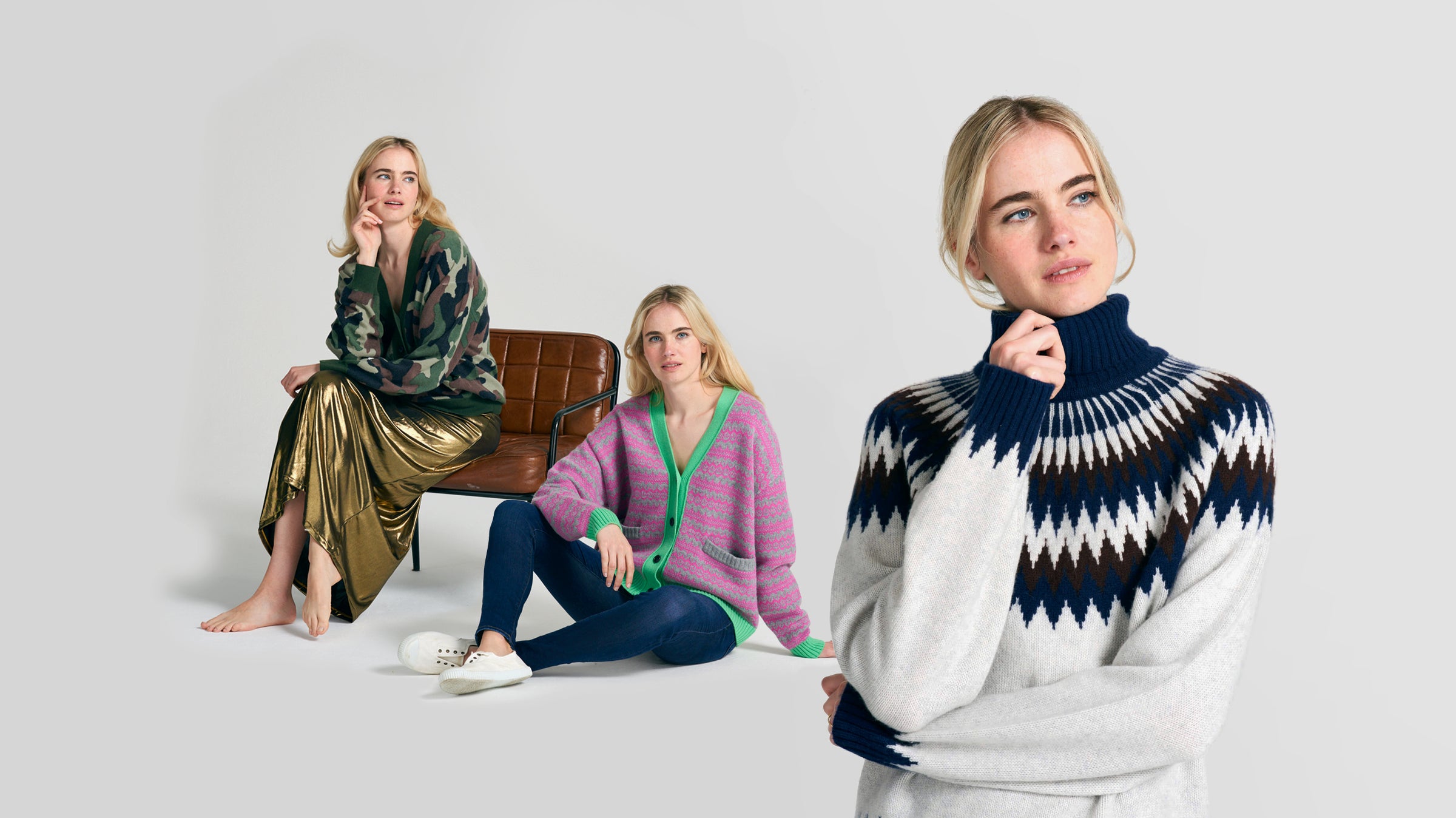 Model sitting in 3 poses in 3 Jumper 1234 Cashmere cardigans and matching outfits