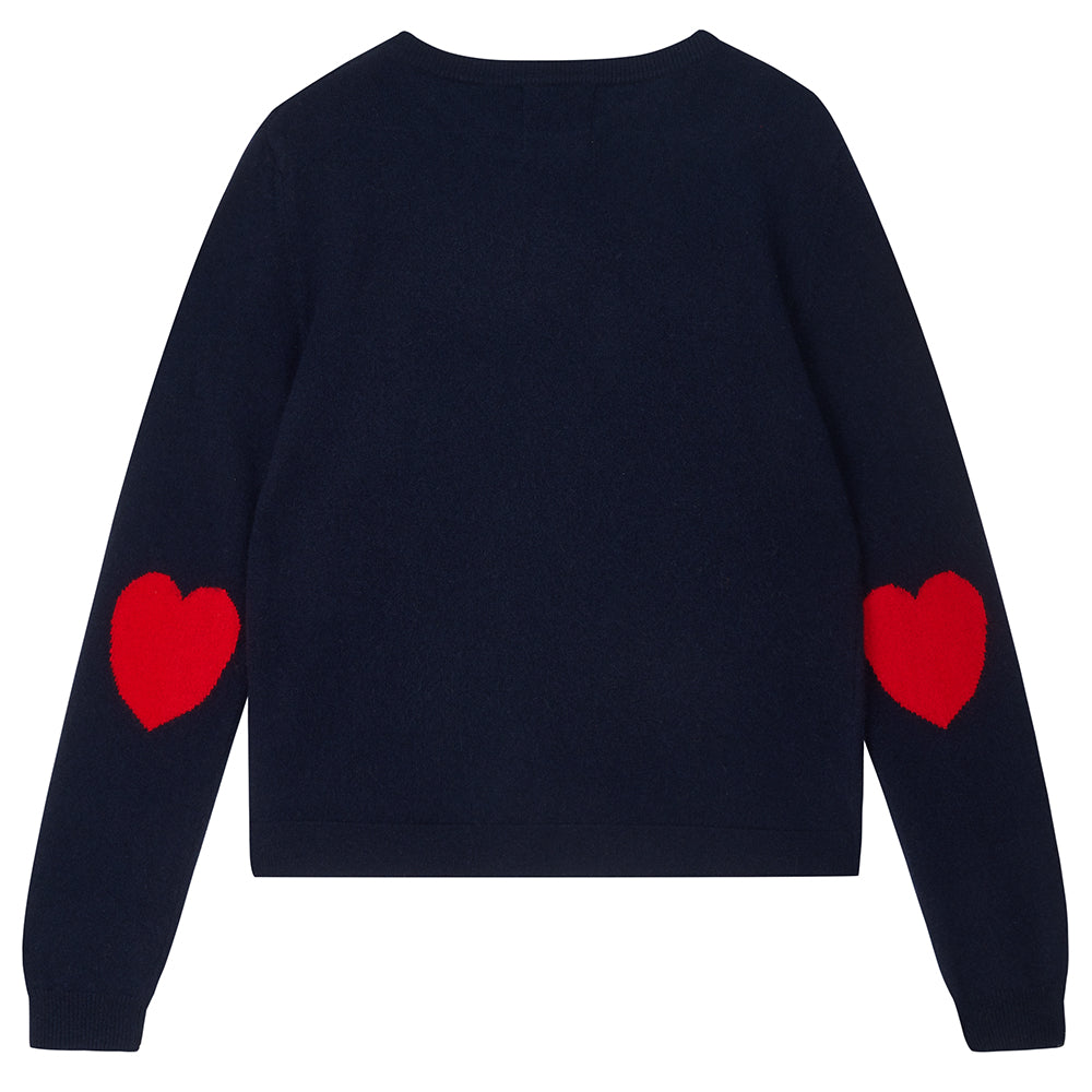 Jumper1234 navy cashmere crew neck with red heart patch details on the elbows