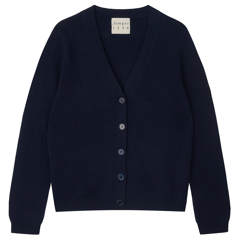 Jumper1234 navy cashmere cardigan with red heart patch details on the elbows