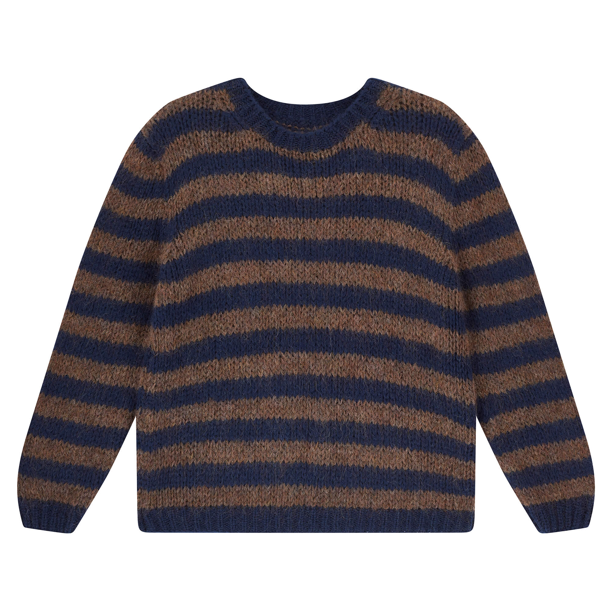 Jumper 1234 hand knitted mohair and wool blend hand knitted crew neck jumper in navy and chocolate stripes.