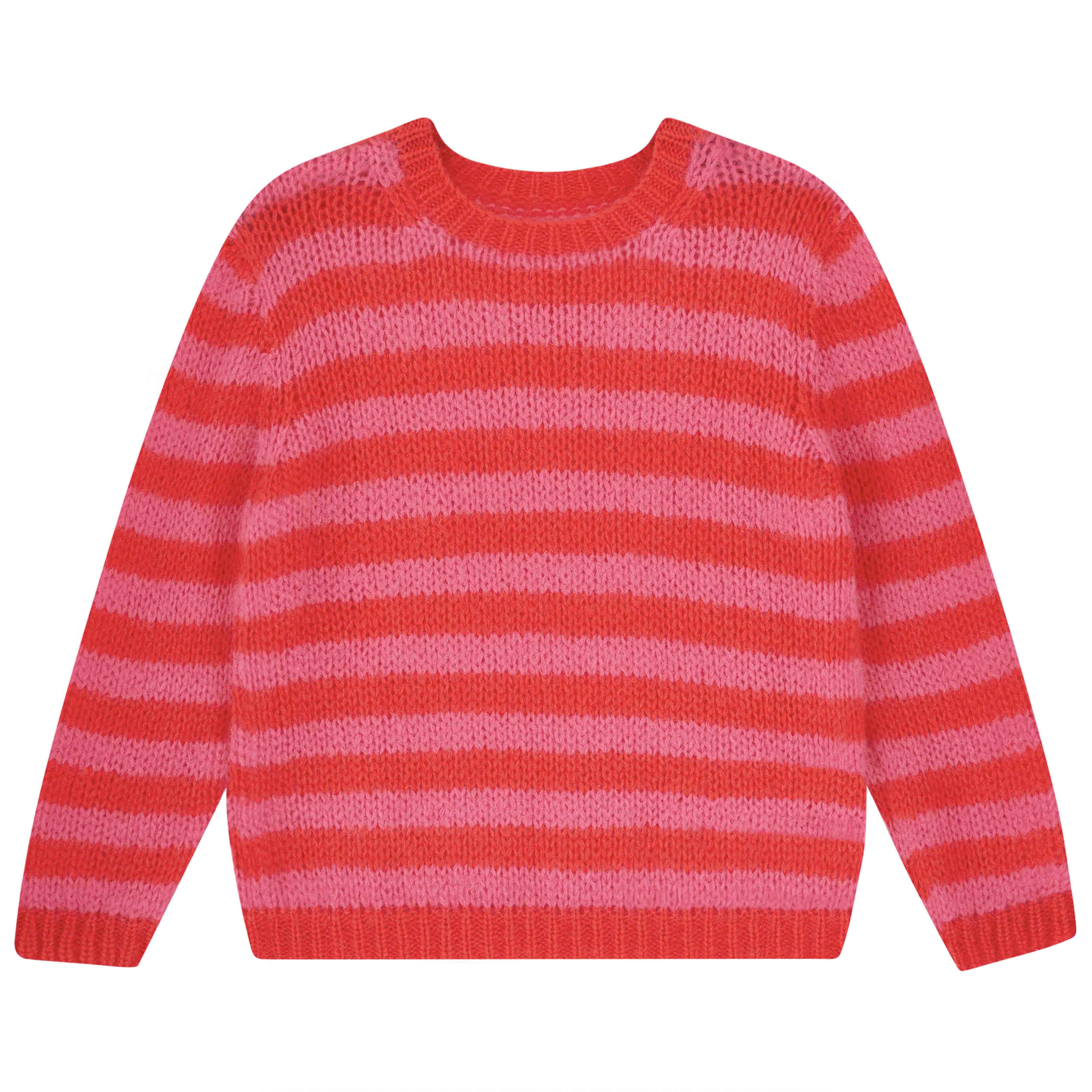Jumper 1234 hand knitted mohair and wool blend hand knitted crew neck jumper in pink and red stripes.