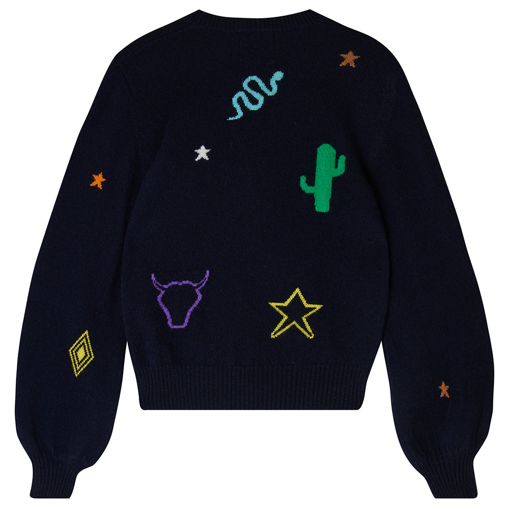 Jumper1234 Navy cashmere jumper with multi coloured cowboy icons back and front with slightly puff sleeves back shot
