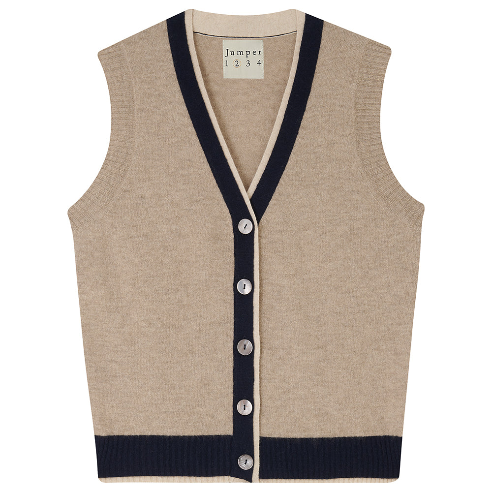 Jumper1234 Organic light brown cashmere vee neck sleeveless cardigan with contrast double ribs in navy and oatmeal