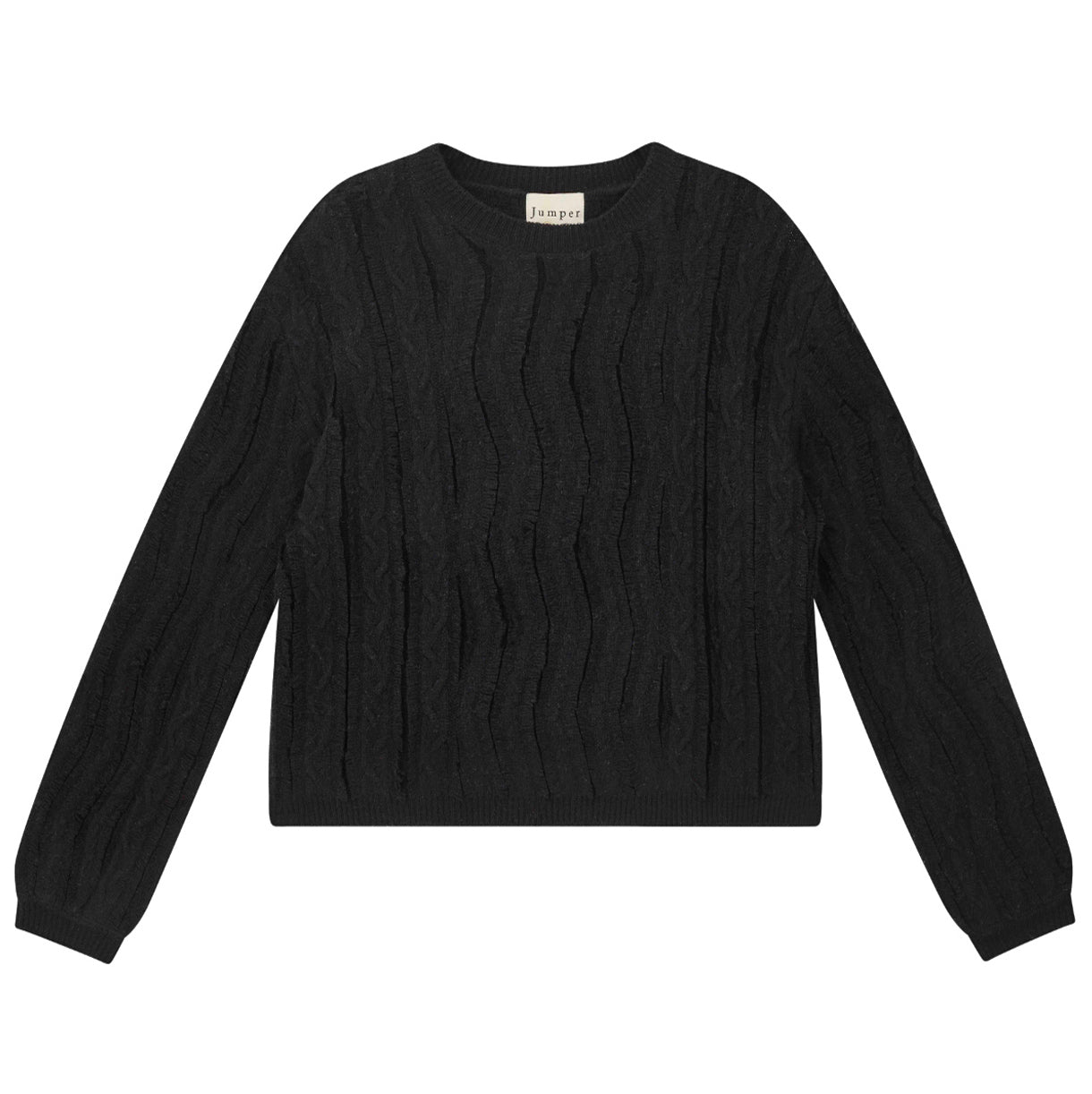 Jumper 1234 Black crew neck jumper in our wonderful cashmere and wool blend with all over raw cut cable detail slightly oversized fit