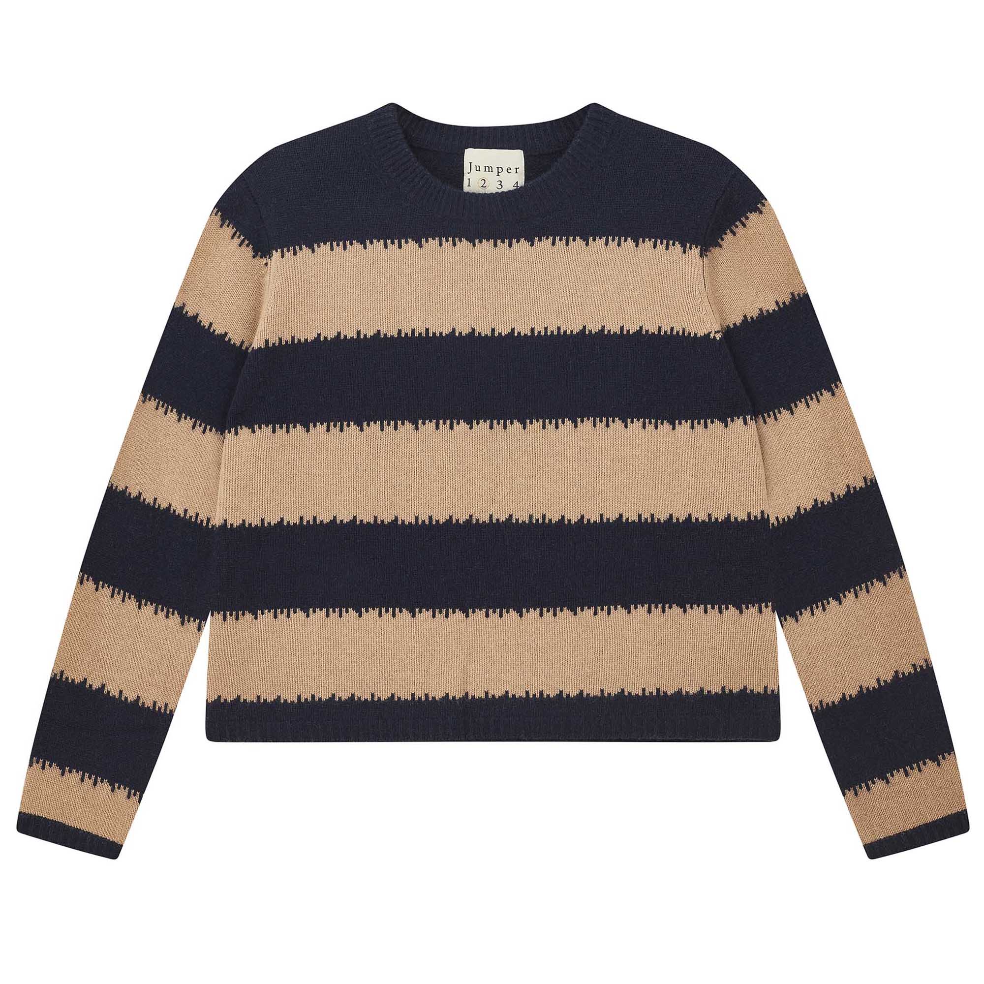 Jumper 1234 Navy and camel 'broken' stripe crew neck cashmere jumper slightly cropped fit