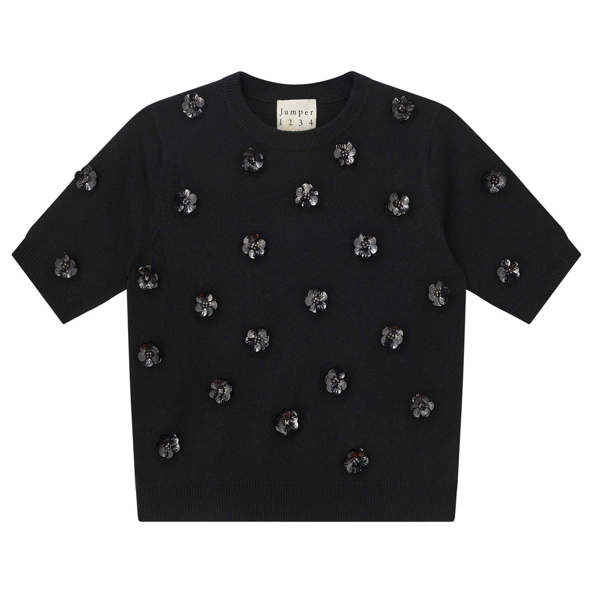 Jumper 1234 black short sleeve true to size cashmere jumper with sequin flowers