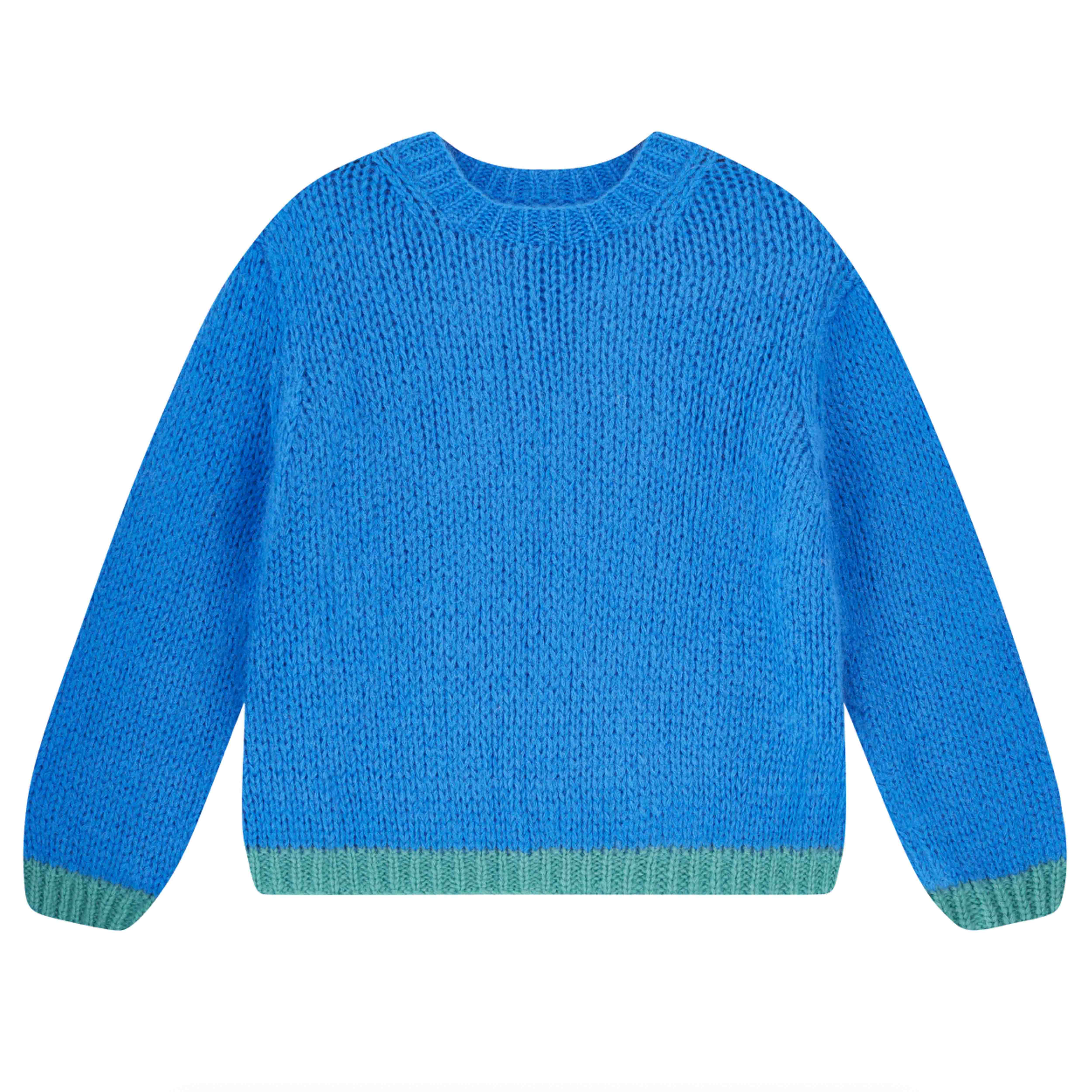Jumper 1234 hand knitted mohair and wool blend hand knitted crew neck jumper in blue with green tipping.