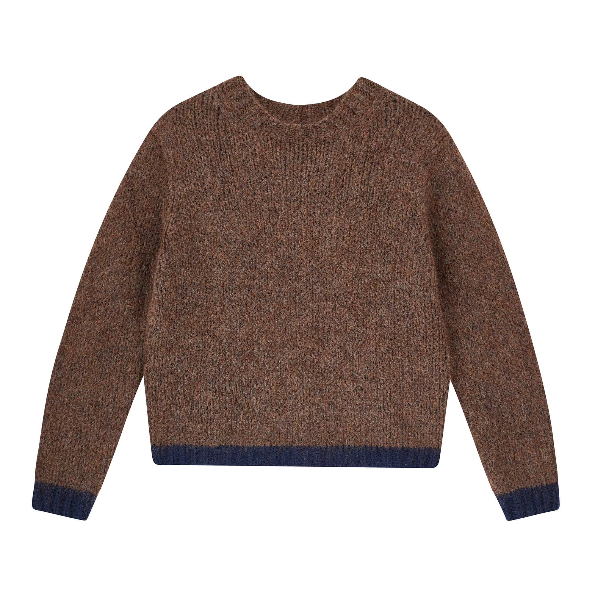 Jumper 1234 hand knitted mohair and wool blend hand knitted crew neck jumper in chocolate with navy tipping.
