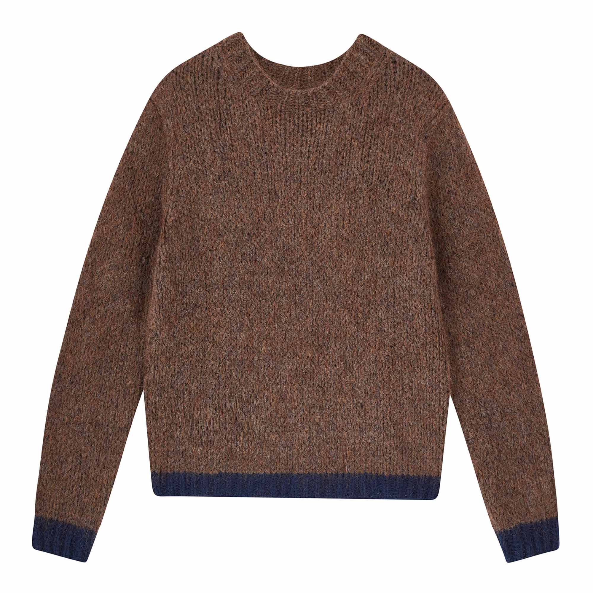 Hand Knit Jumper Tipped Crew in Chocolate & Navy | Jumper 1234