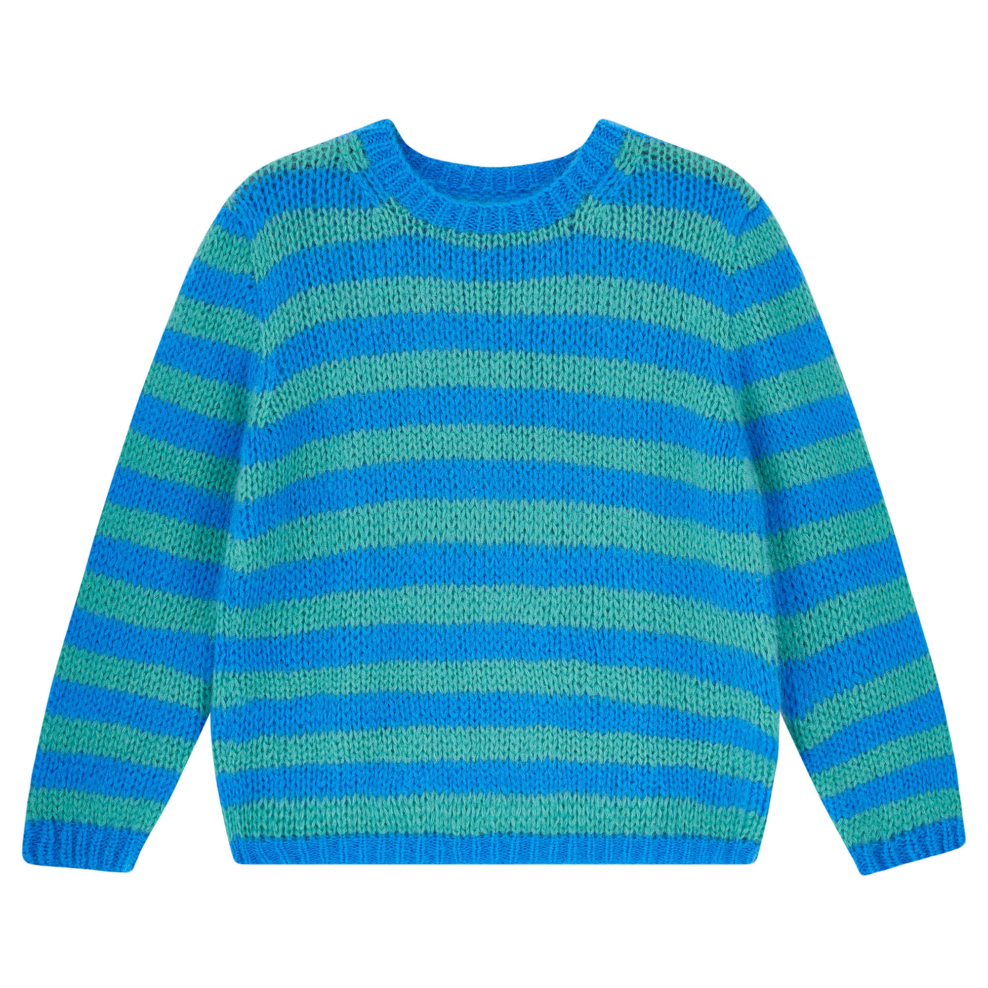 Jumper 1234 hand knitted mohair and wool blend hand knitted crew neck jumper in blue and green stripes.