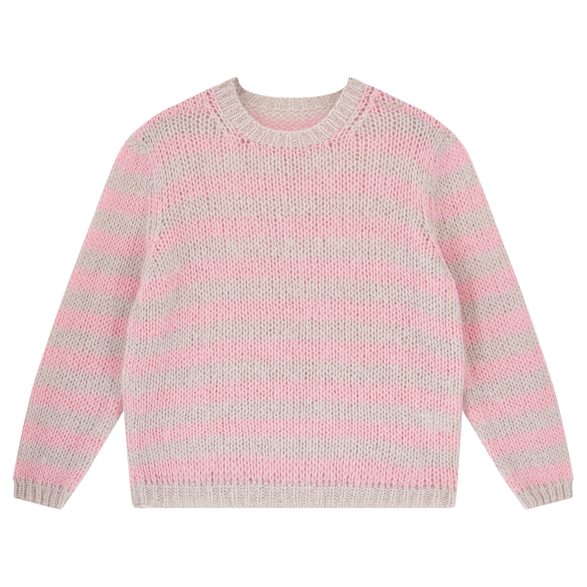 Jumper 1234 hand knitted mohair and wool blend hand knitted crew neck jumper in oyster and pink stripes.