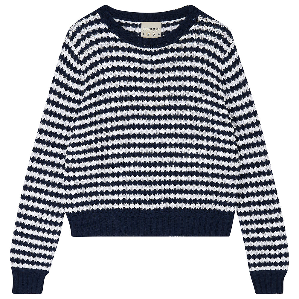 Jumper1234 Ripple effect stripe cotton crew neck in navy and white