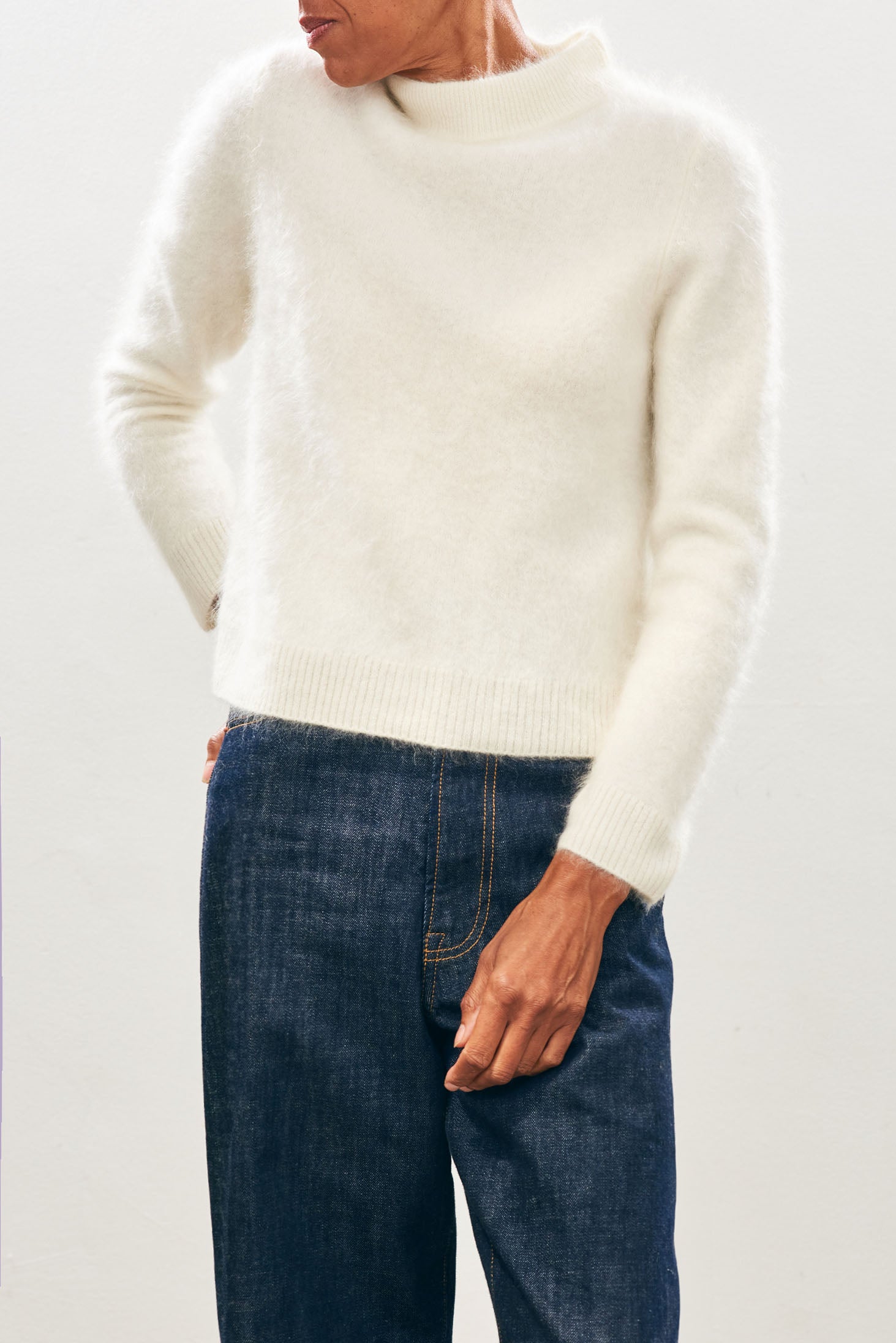 Female model wearing Jumper1234 Cashmere Brushed Turtle in Cream