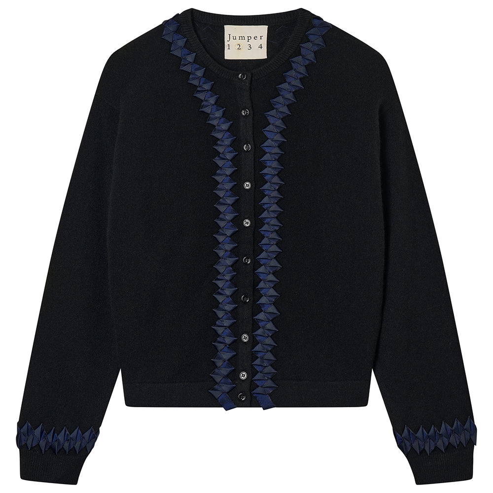 Jumper 1234 cashmere wool neat fit crew neck cardigan in black with navy twisted ribbon detail