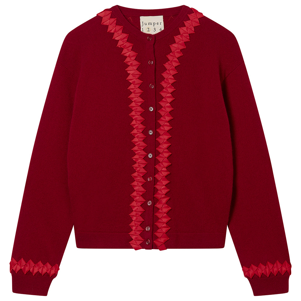 Jumper 1234 cashmere wool neat fit crew neck cardigan in burgundy with red twisted ribbon detail