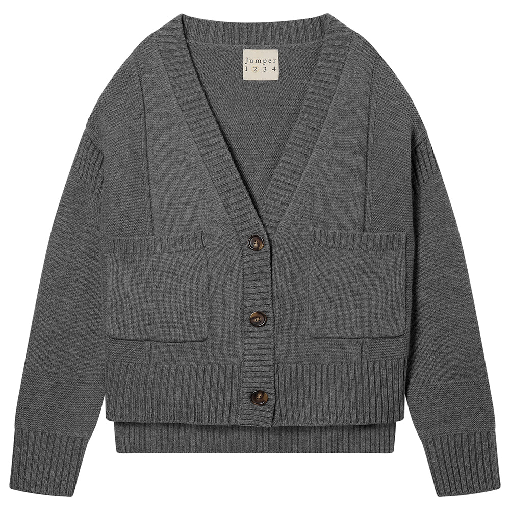 Jumper 1234 cashmere wool charcoal grey oversize vee neck cardigan with Guernsey details, splits at the sides and it's slightly longer at the back