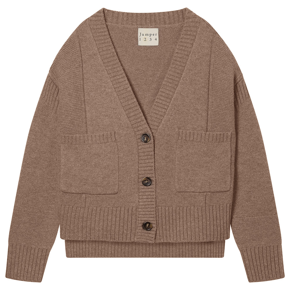 Jumper 1234 cashmere wool mid brown oversize vee neck cardigan with Guernsey details, splits at the sides and it's slightly longer at the back