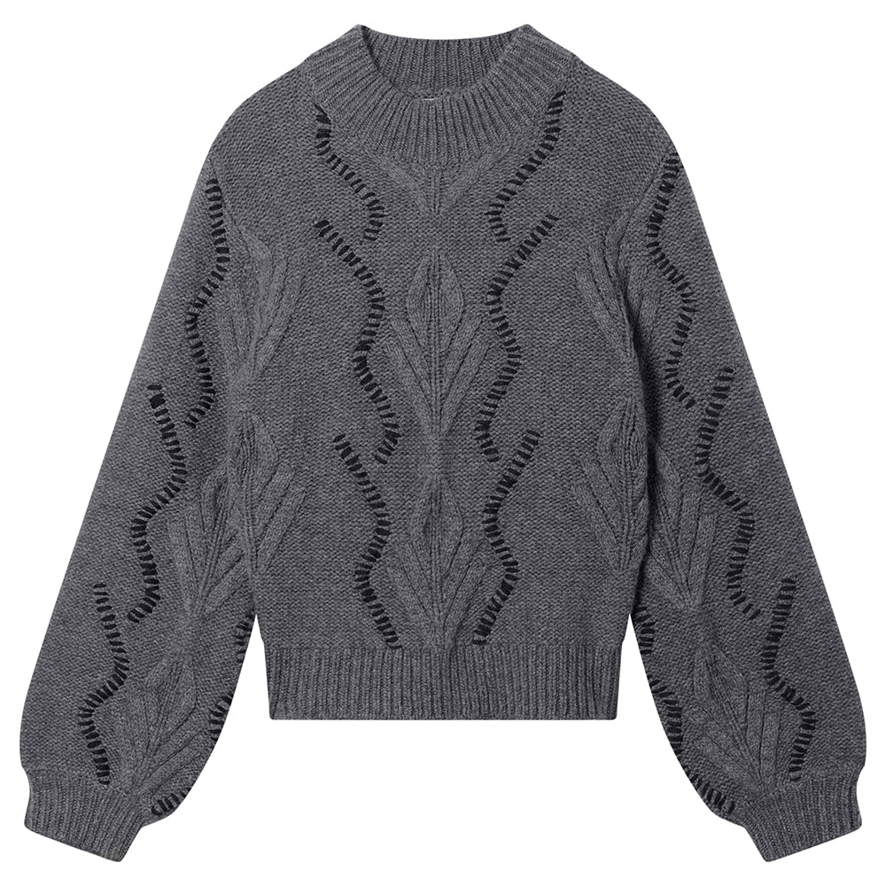 Jumper 1234 cashmere and wool jumper heavy weight Aran jumper in charcoal grey with black stitch detail, balloon sleeves and a turtle neck