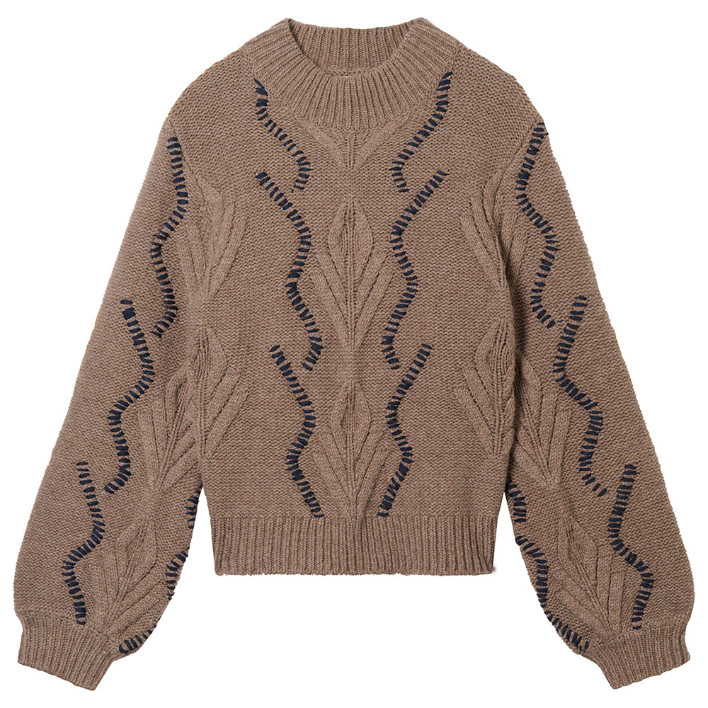 Jumper 1234 cashmere and wool jumper heavy weight Aran jumper in mid brown with navy stitch detail, balloon sleeves and a turtle neck