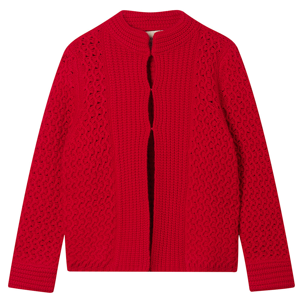 Jumper 1234 red heavy weight textured cardigan in cashmere wool, with hook and eye closure