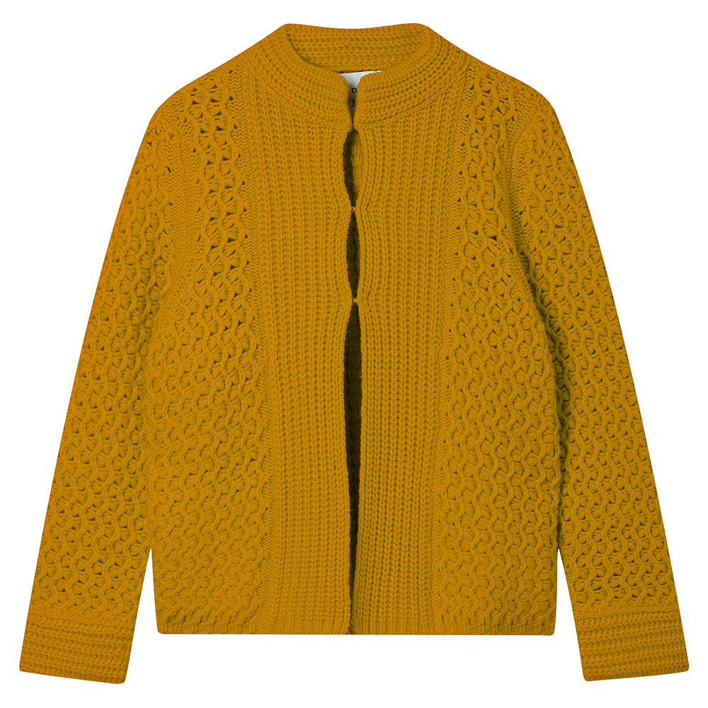Jumper 1234 mustard yellow heavy weight textured cardigan in cashmere wool, with hook and eye closure