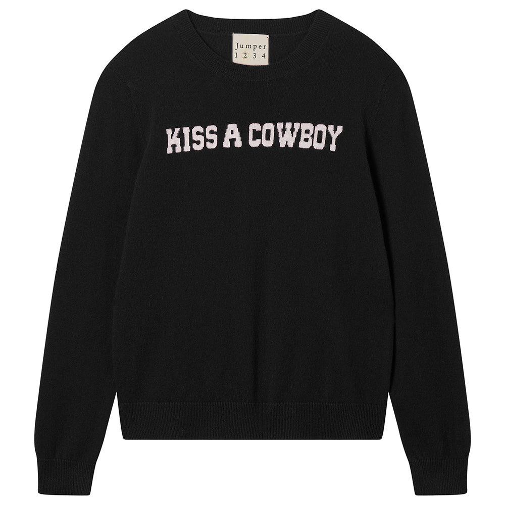 Jumper1234 cashmere black crew neck jumper with cream 'kiss a cowboy' intarsia