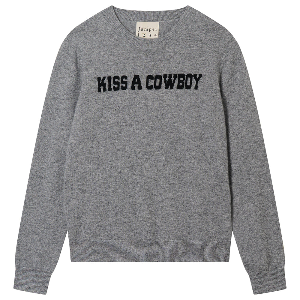 Jumper1234 cashmere mid grey crew neck jumper with black 'kiss a cowboy' intarsia
