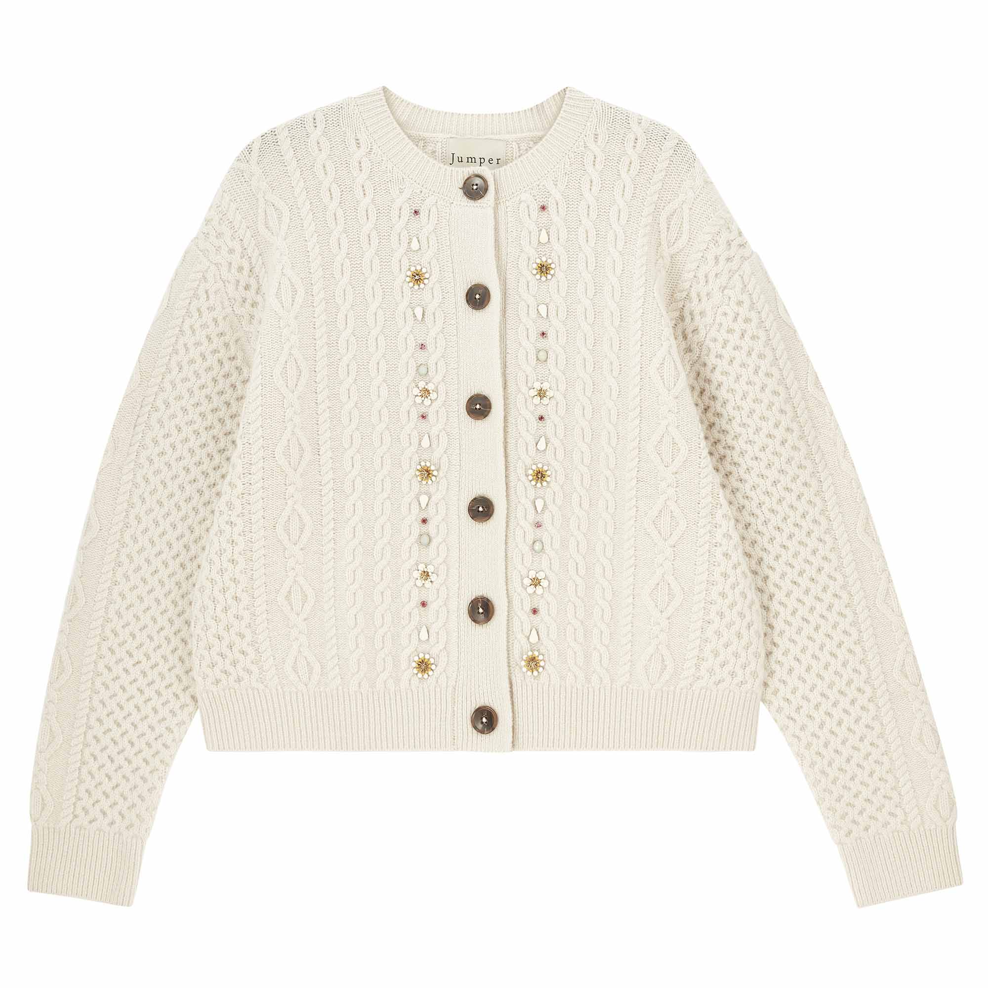 Jumper 1234 Heavier weight cashmere and wool stone crew neck Aran cardigan adorned with a wonderful mix of jewels and beaded flowers.