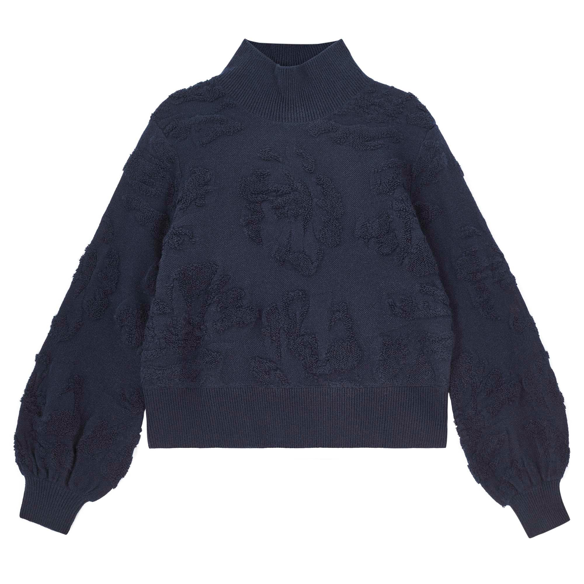 Jumper 1234 Cashmere turtle neck jumper in navy, with all over 3d floral jacquard pattern with balloon sleeves