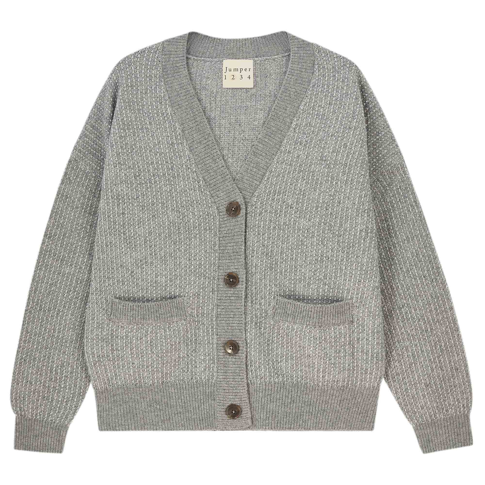 Jumper 1234 Oversize cashmere and wool cardigan in mid grey with silver lurex running through the birdseye texture.