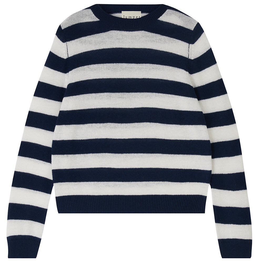 Jumper1234 cashmere stripe crew neck in navy and cream
