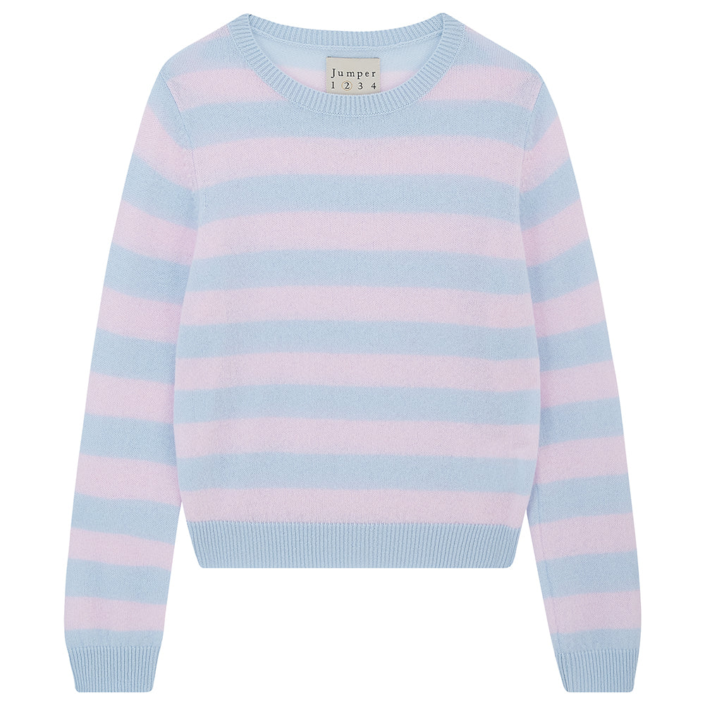 Jumper 1234 lightweight cashmere stripe crew neck in pale blue and pale pink.