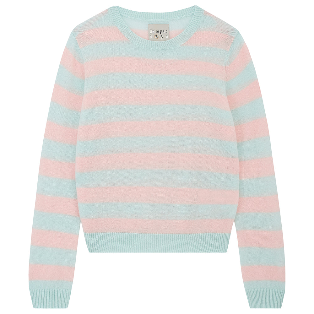 Jumper 1234 lightweight cashmere stripe crew neck in pale green and pale pink.