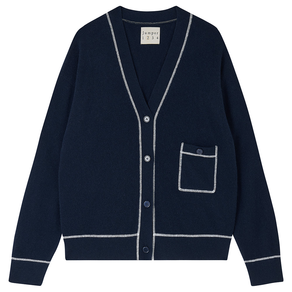 Jumper1234 Navy boyfriend vee neck cashmere cardigan with cream top stitching detail and a pocket