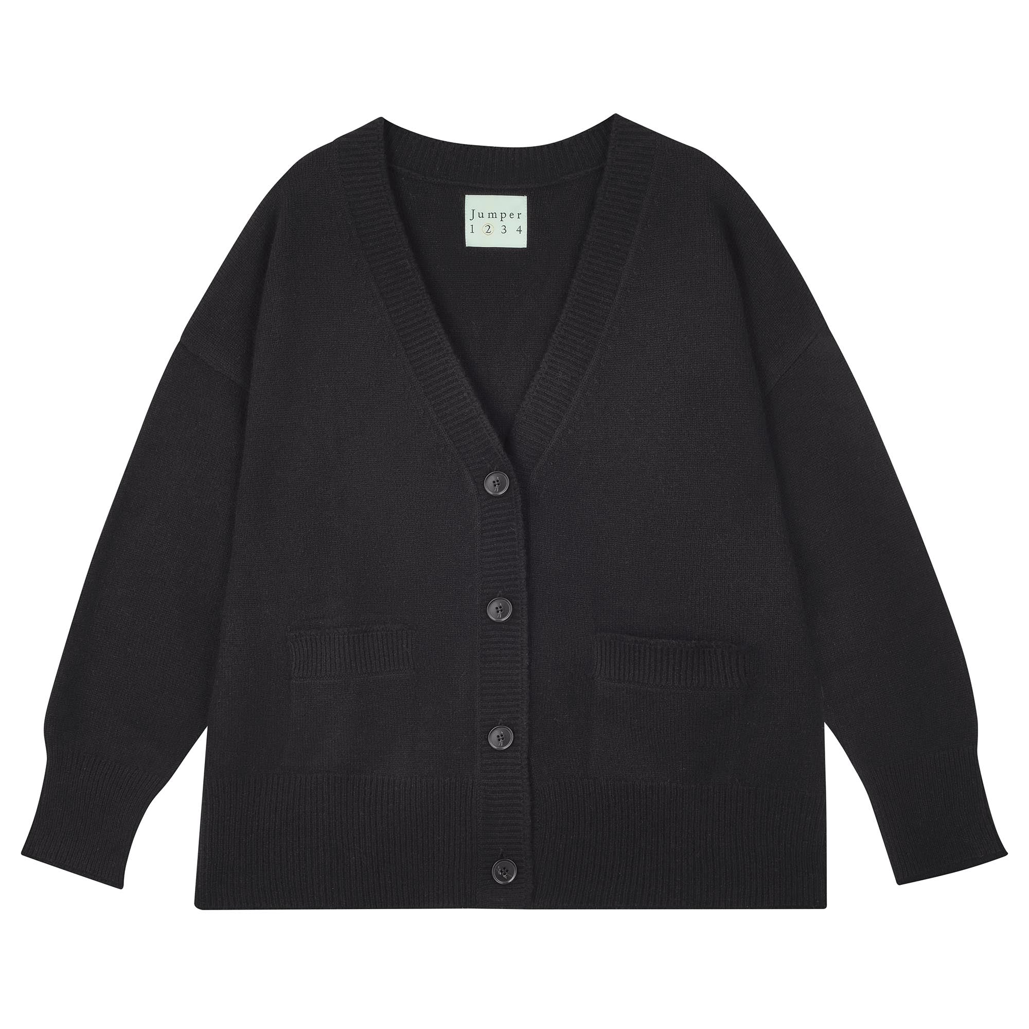 Jumper 1234 Heavier weight vee neck cardigan in black. Oversize fit with distressed ribs.
