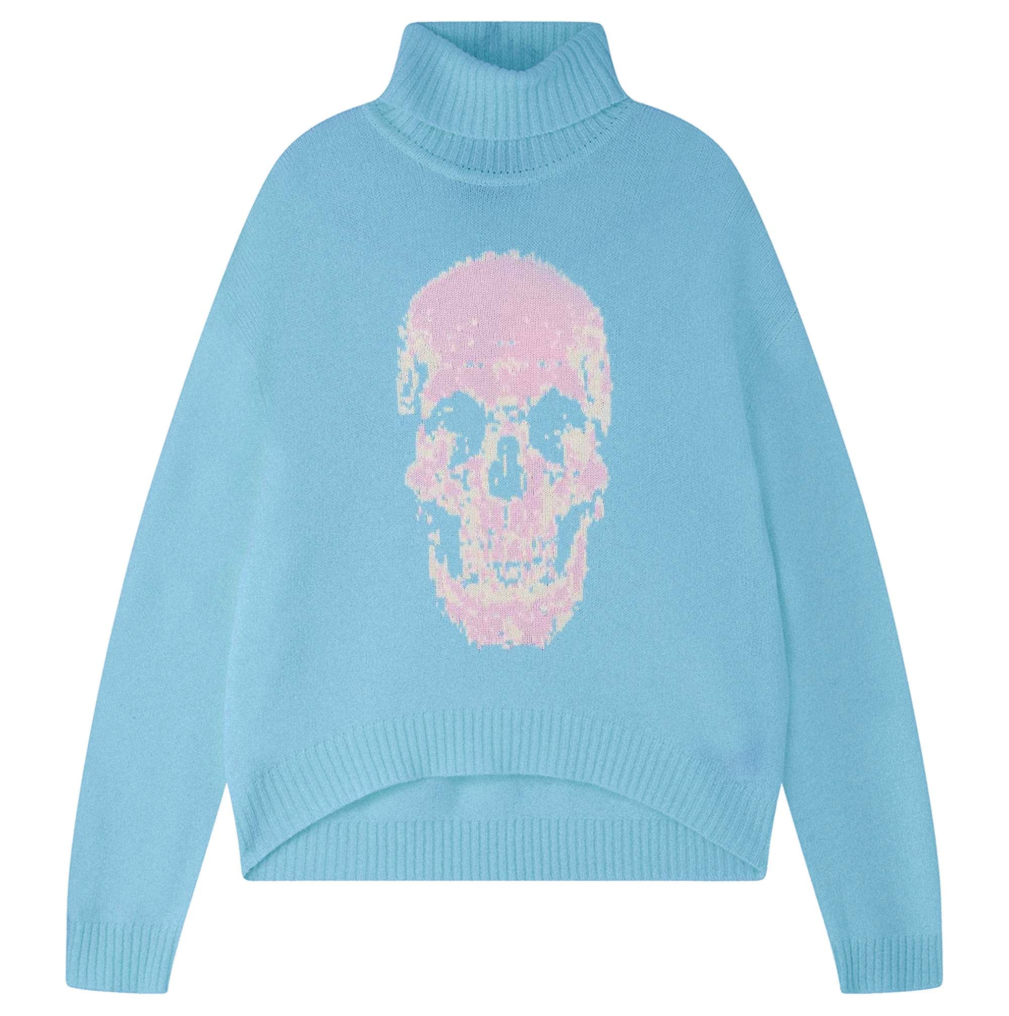 Jumper 1234 Aqua roll neck jumper in cashmere and wool with a fabulous skull intarsia on the front.