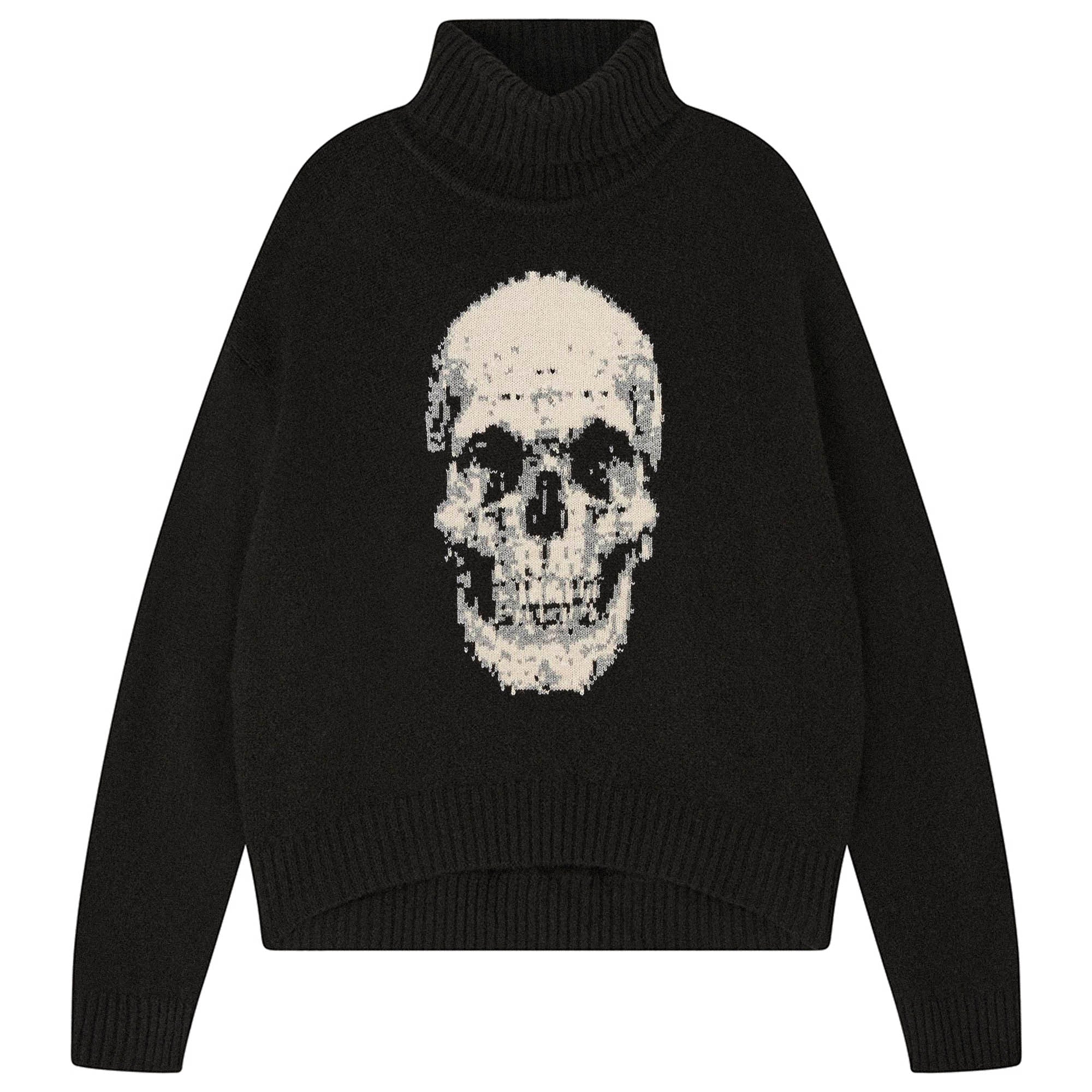 Jumper 1234 Black roll neck jumper in cashmere and wool with a fabulous skull intarsia on the front.
