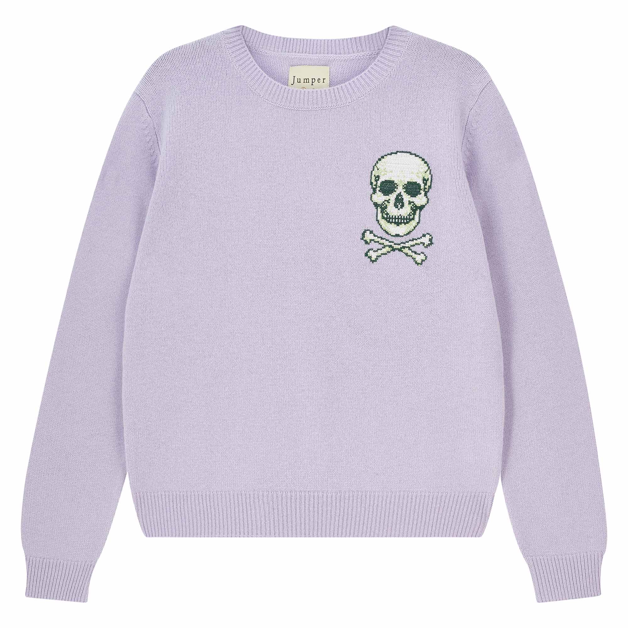 Jumper 1234 Lilac crew neck jumper in cashmere and wool, with an embroidered skull and crossbones on the chest.