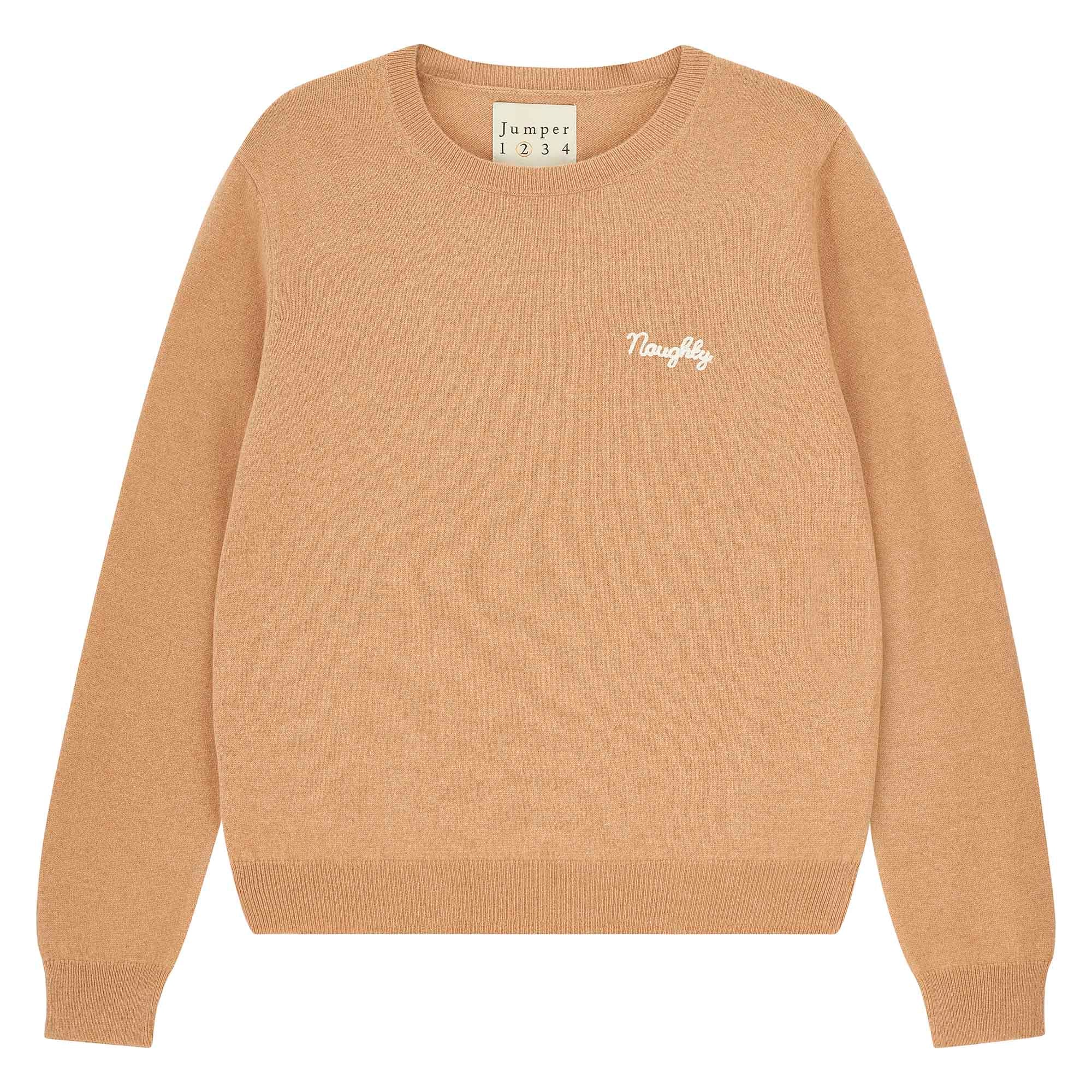 Jumper 1234 Camel cashmere crew neck jumper with cream 'naughty' chain stitch embroidery on the chest and 'but nice' on the back.