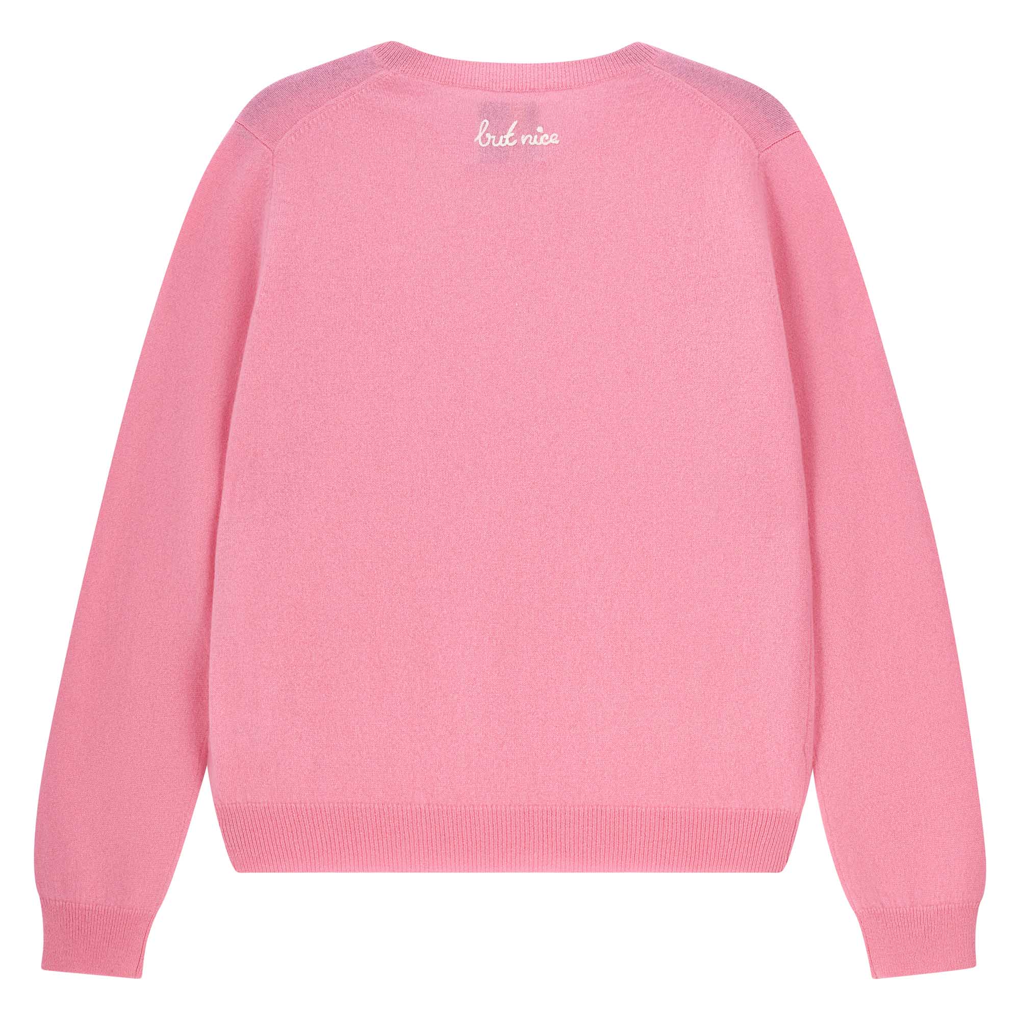 Jumper 1234 Candy cashmere crew neck jumper with cream 'naughty' chain stitch embroidery on the chest and 'but nice' on the back. Back shot