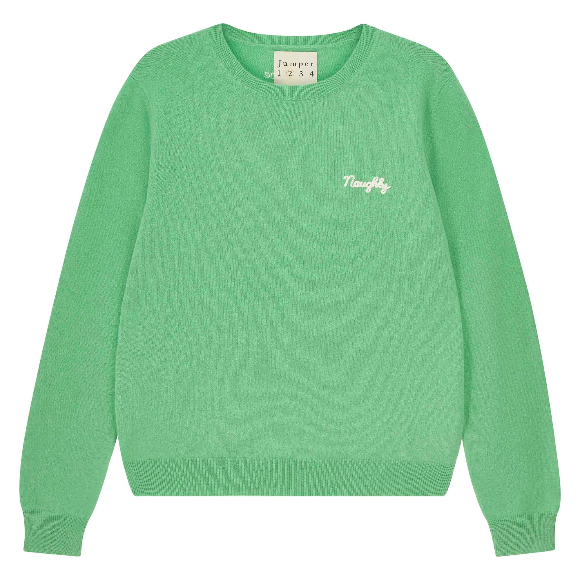 Jumper 1234 Green cashmere crew neck jumper with cream 'naughty' chain stitch embroidery on the chest and 'but nice' on the back.