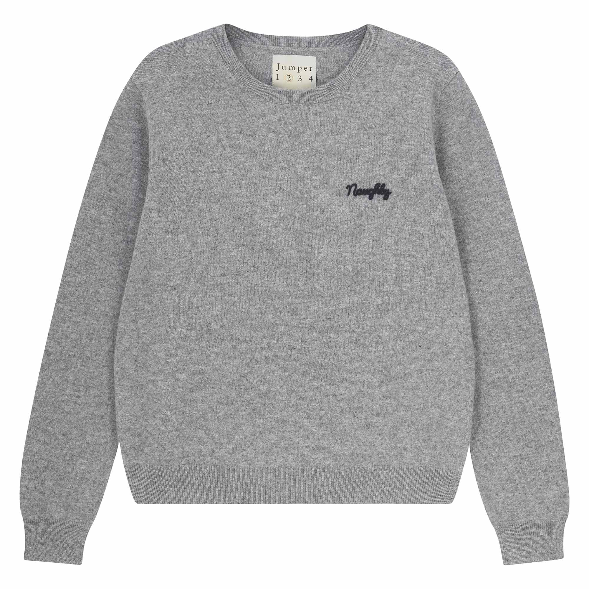 Jumper 1234 Mid grey cashmere crew neck jumper with navy 'naughty' chain stitch embroidery on the chest and 'but nice' on the back.