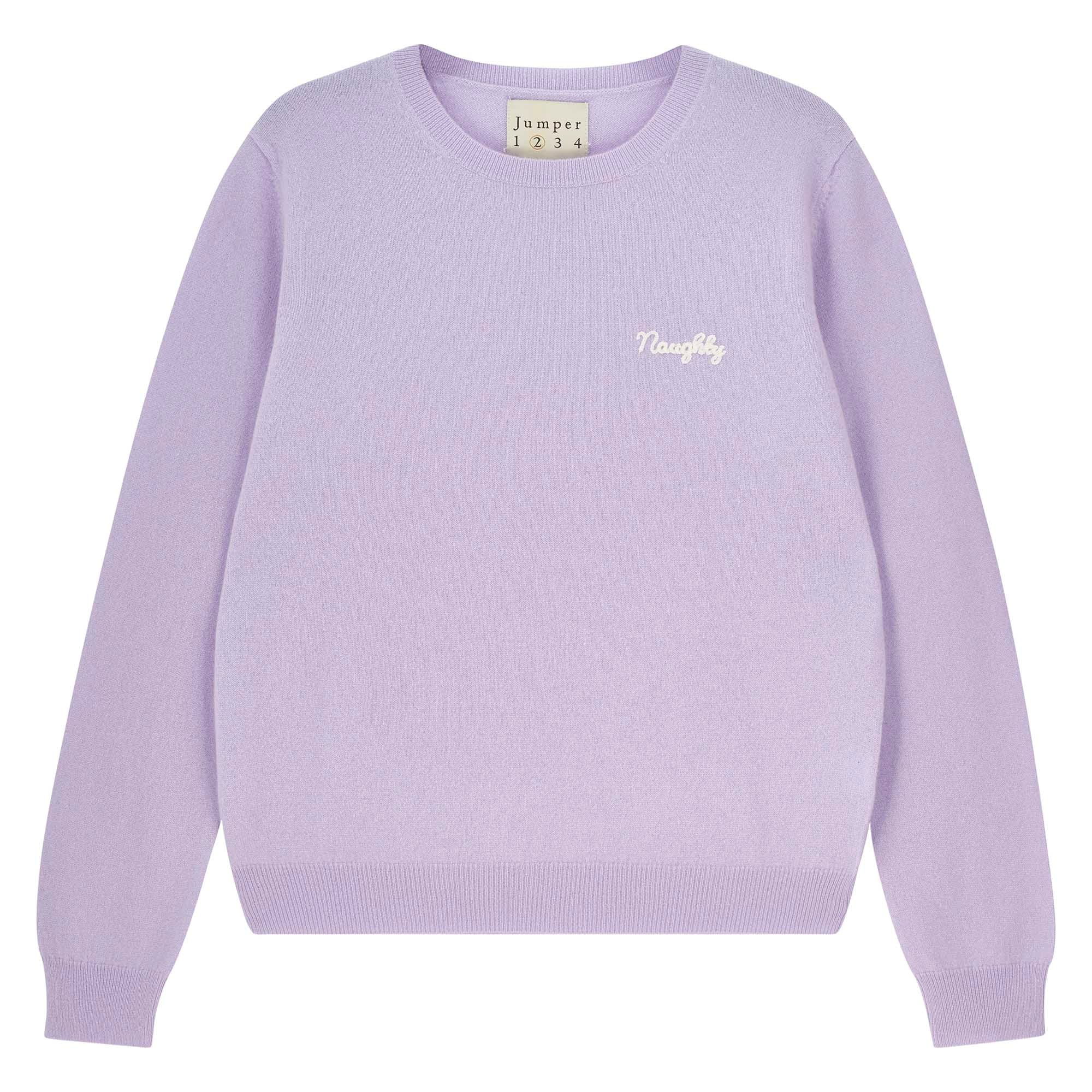Jumper 1234 Lilac cashmere crew neck jumper with cream 'naughty' chain stitch embroidery on the chest and 'but nice' on the back