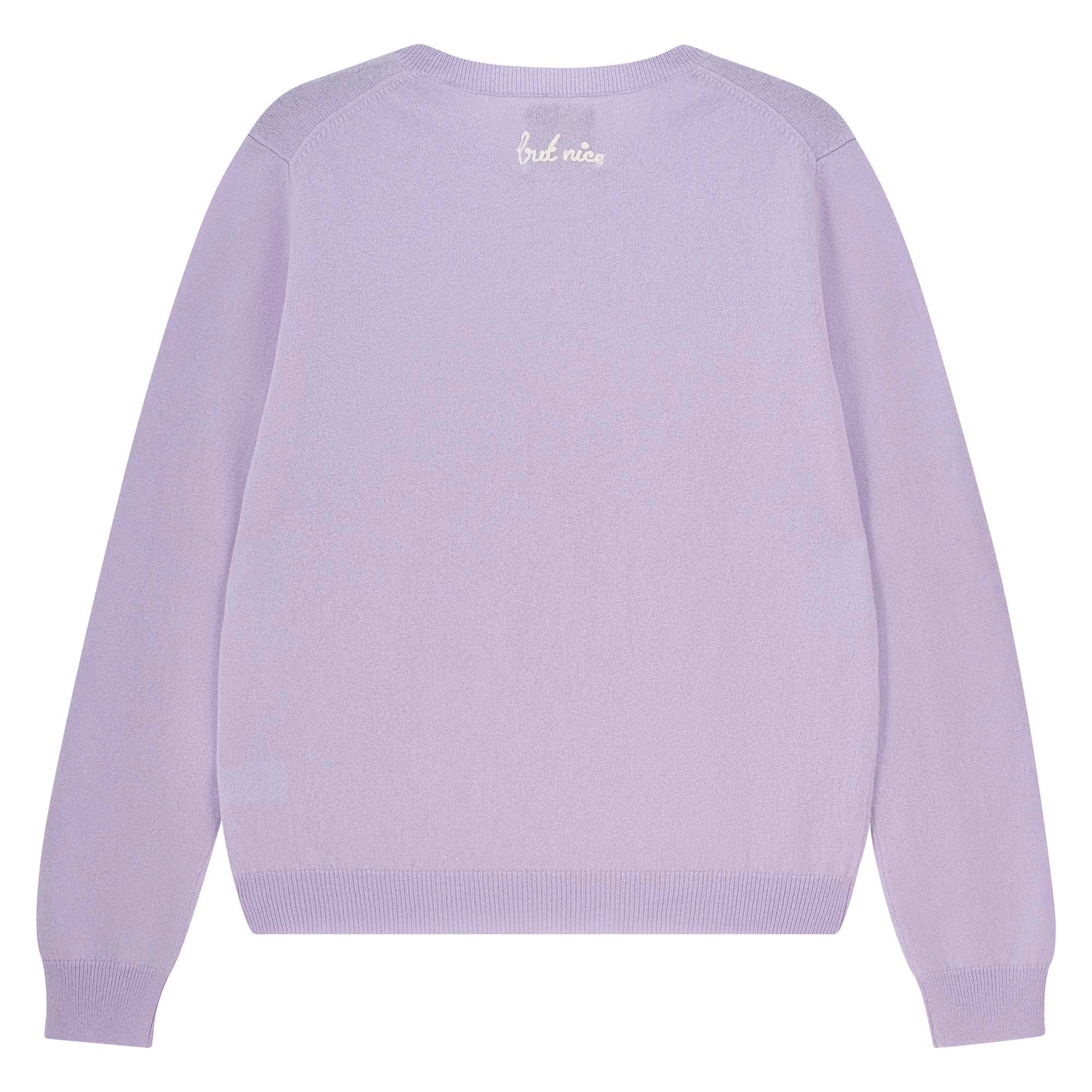 Jumper 1234 Lilac cashmere crew neck jumper with cream 'naughty' chain stitch embroidery on the chest and 'but nice' on the back. Back shot