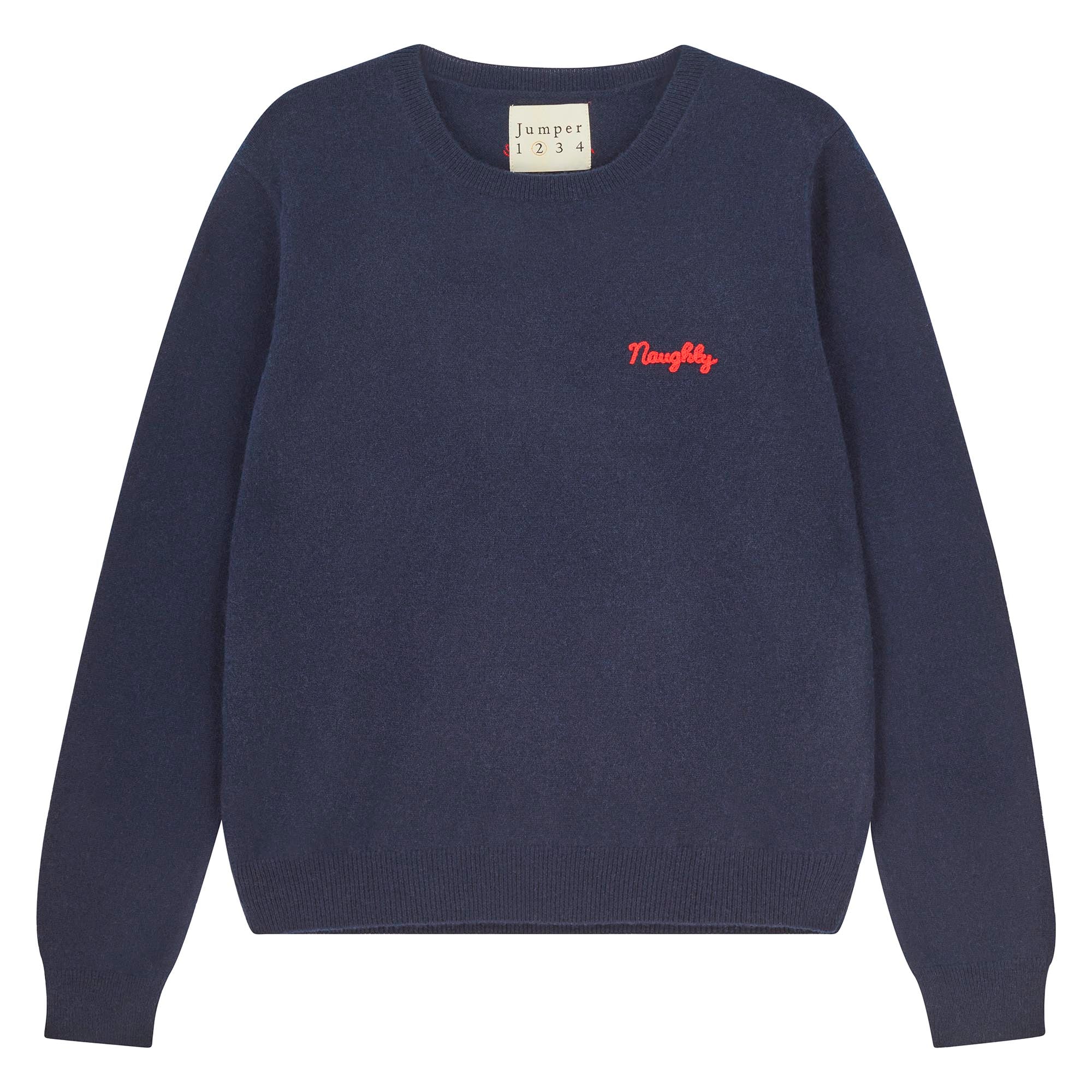 Jumper 1234 Navy cashmere crew neck jumper with red 'naughty' chain stitch embroidery on the chest and 'but nice' on the back.