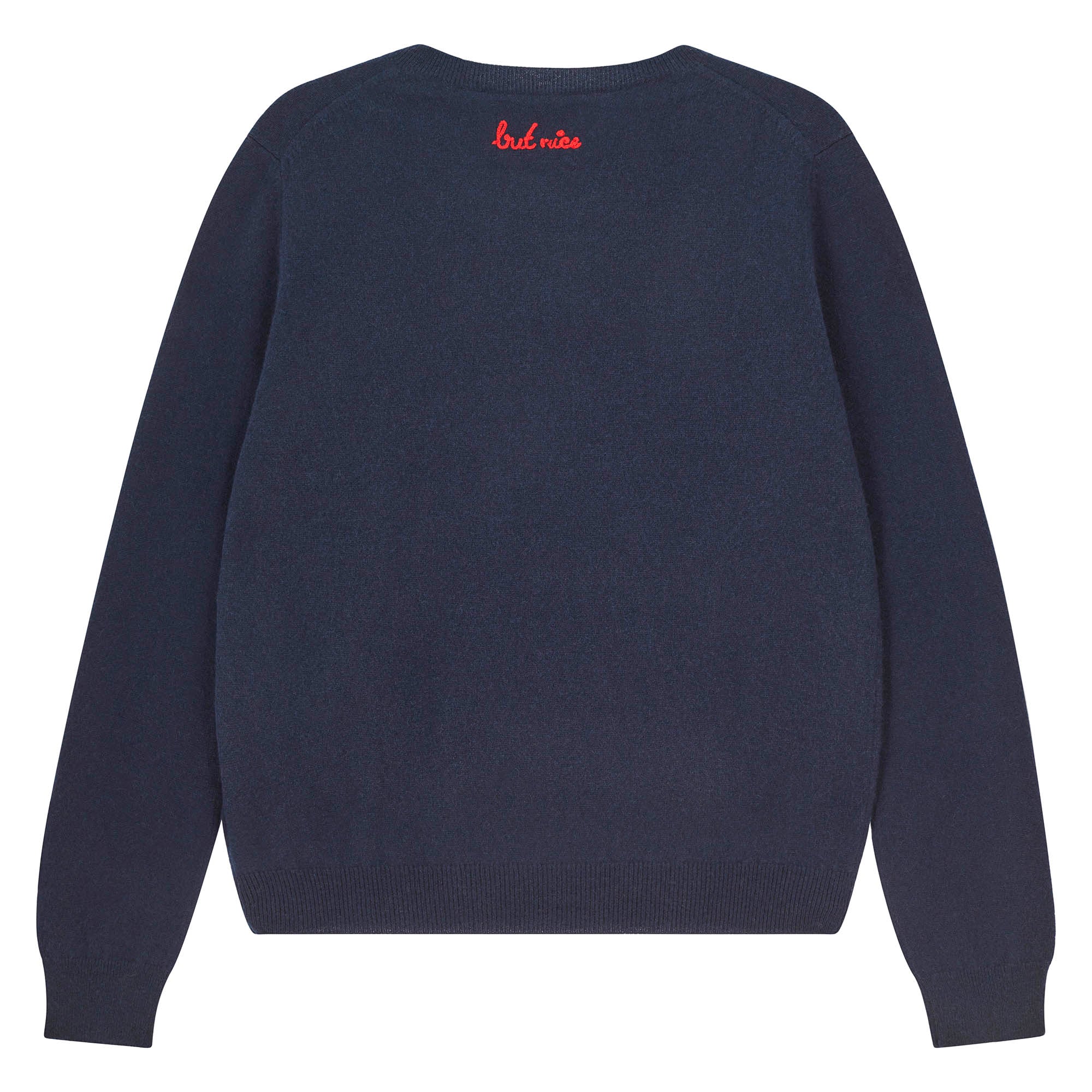 Jumper 1234 Navy cashmere crew neck jumper with red 'naughty' chain stitch embroidery on the chest and 'but nice' on the back back shot