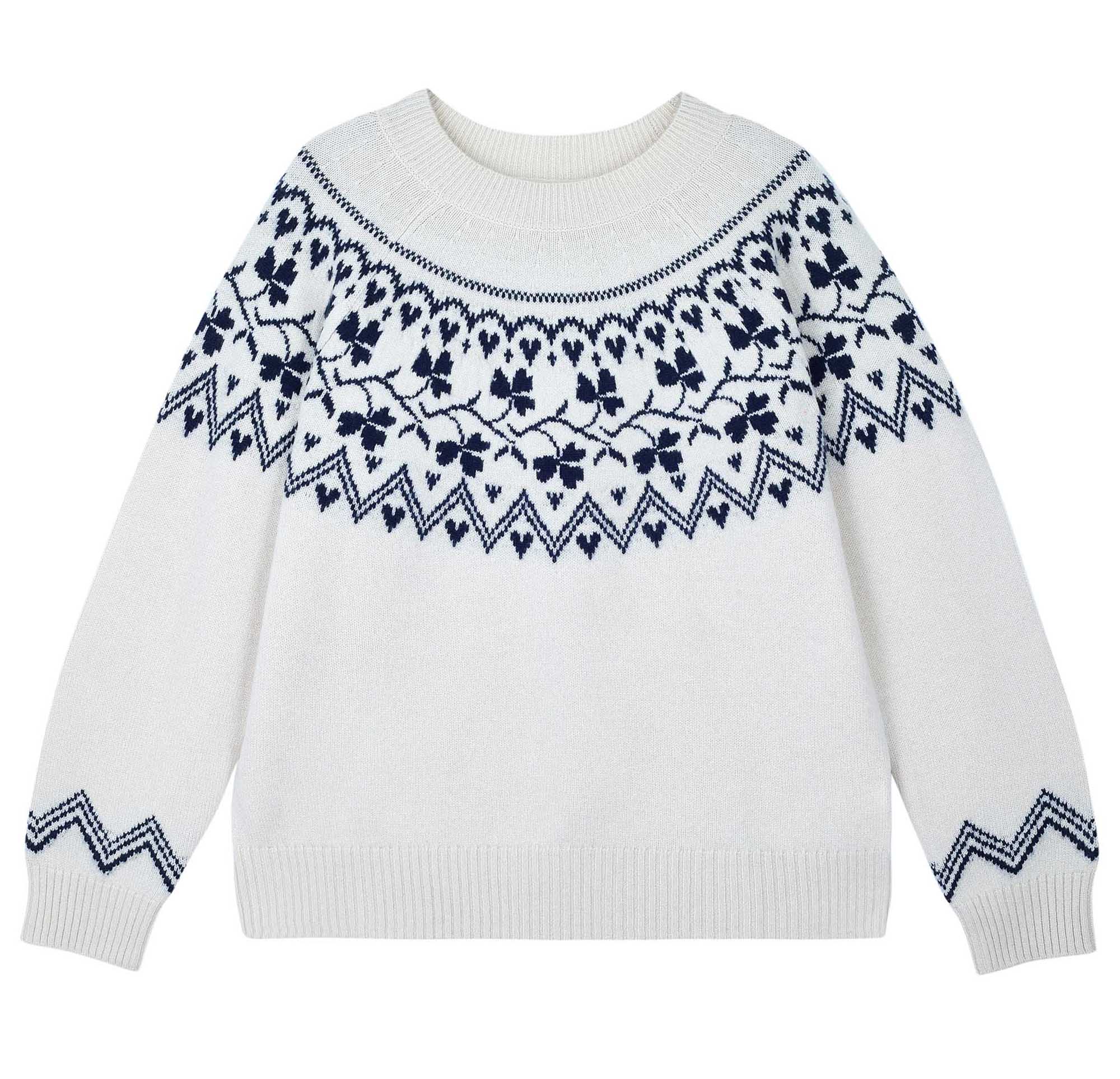 Jumper 1234 cream crew neck jumper in our heavier weight cashmere and wool with a navy clover pattern on the yoke, back and front