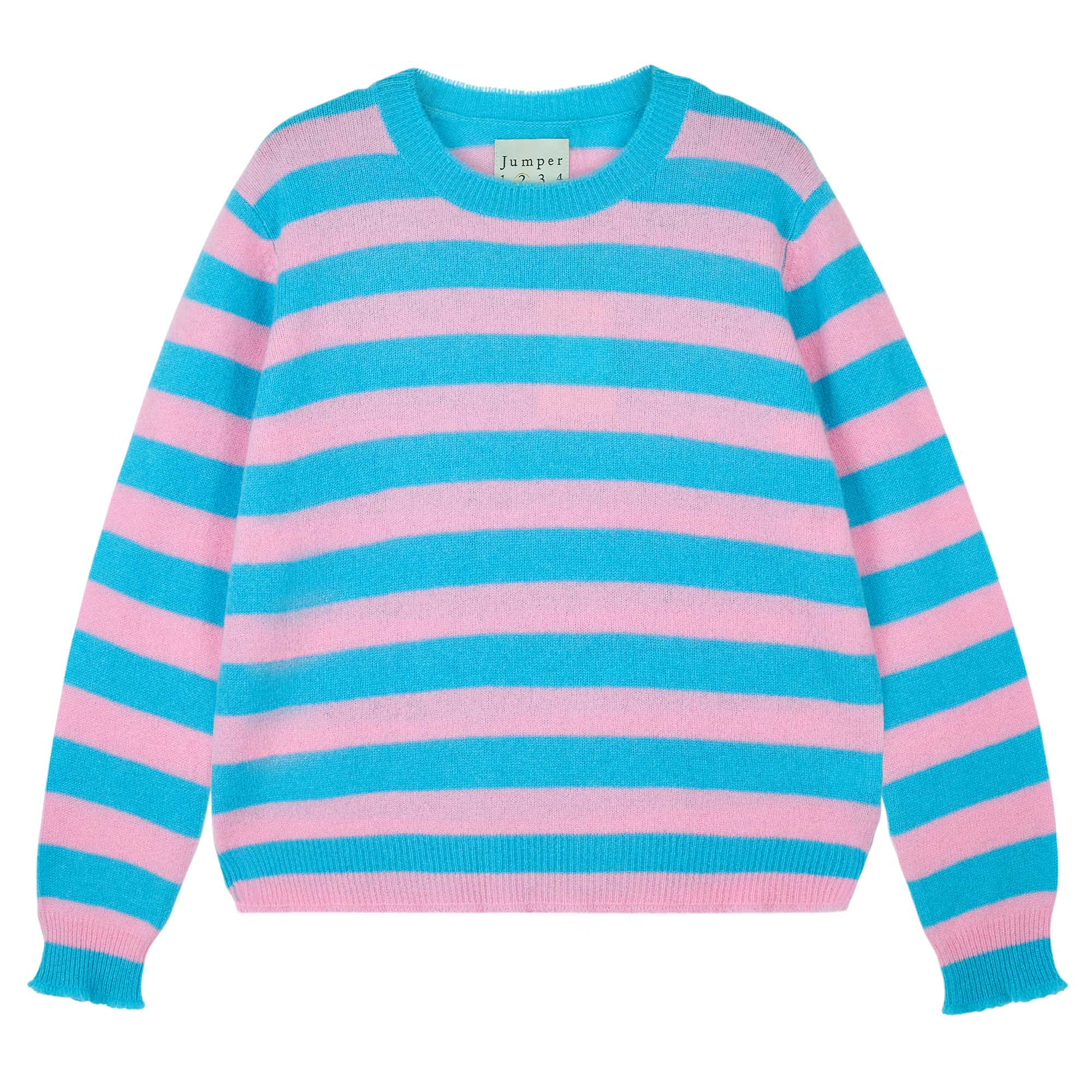 Jumper 1234 aqua and candy stripe cashmere crew neck jumper, with distressed ribs