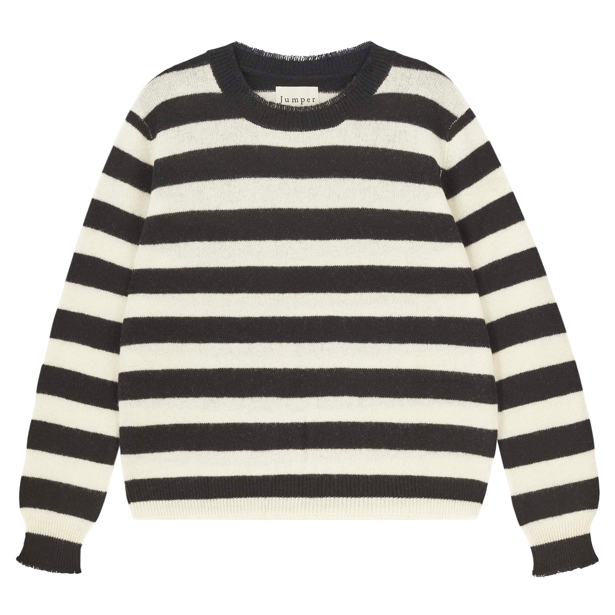 Jumper 1234 black and stone stripe cashmere crew neck jumper, with distressed ribs
