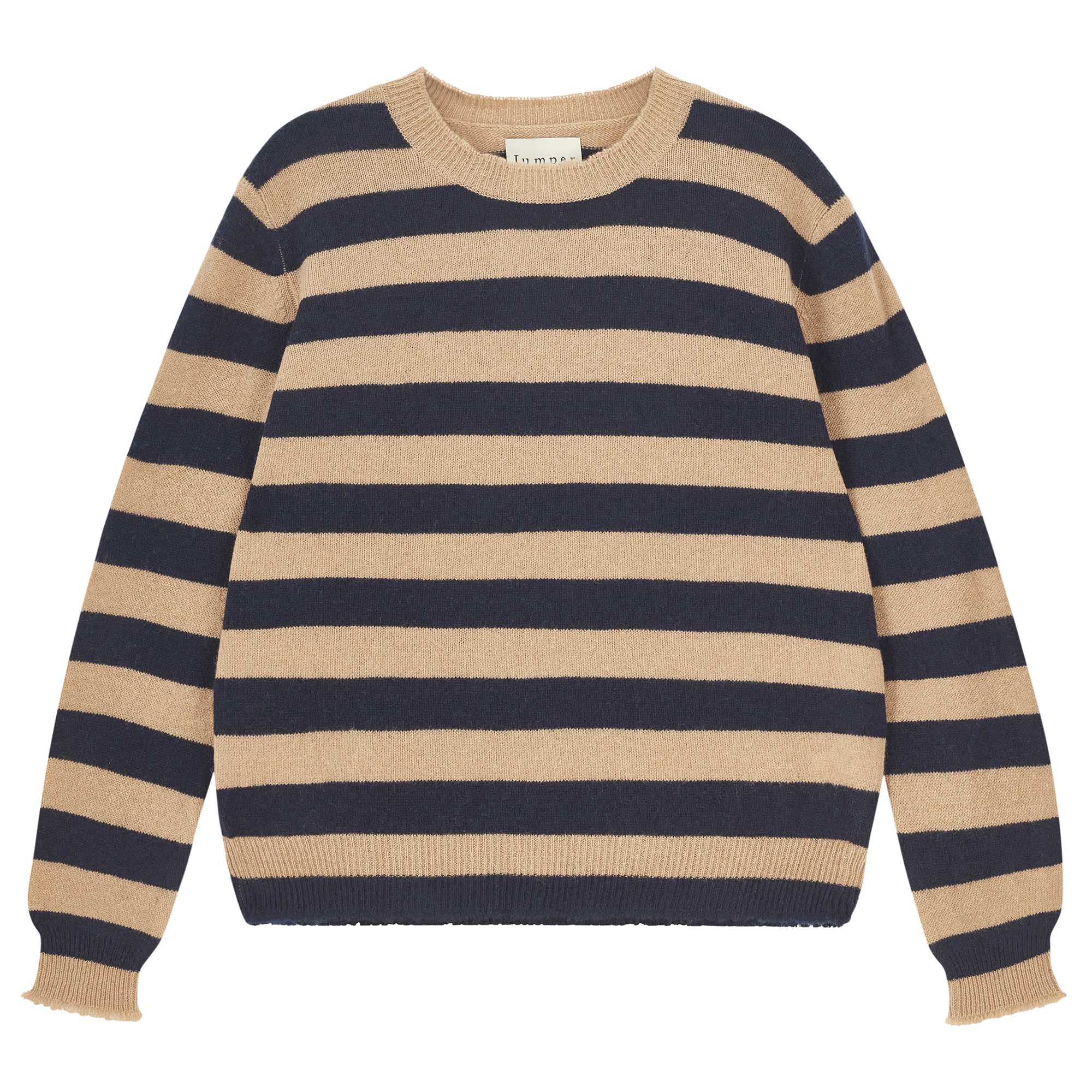 Jumper 1234 camel and navy stripe cashmere crew neck jumper, with distressed ribs